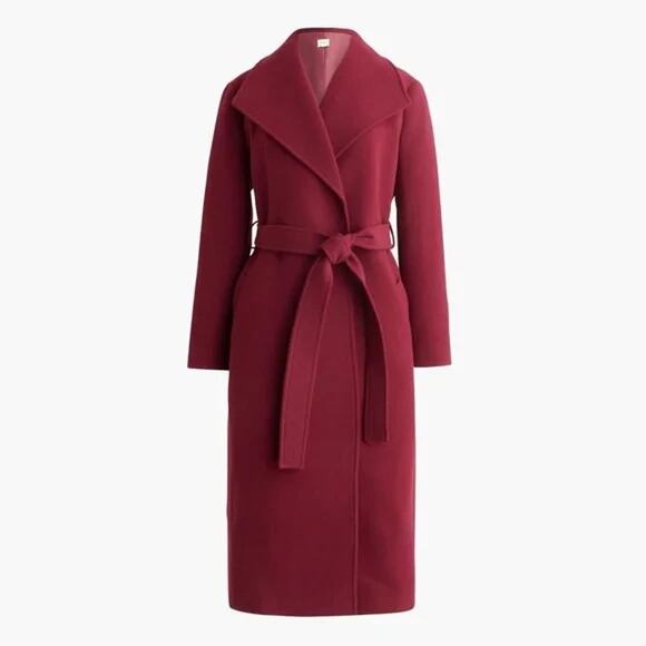 J Crew Coat Women 22 Burgundy Wool Blend Belted Wrap Minimalist Old Money Luxury - Picture 1 of 13